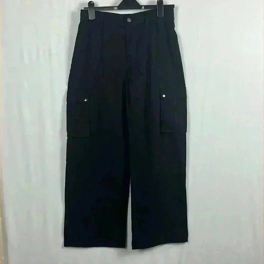 Ambiance Apparel Womens Cargo Pants Black M Elastic Waist Front Button Wide Leg